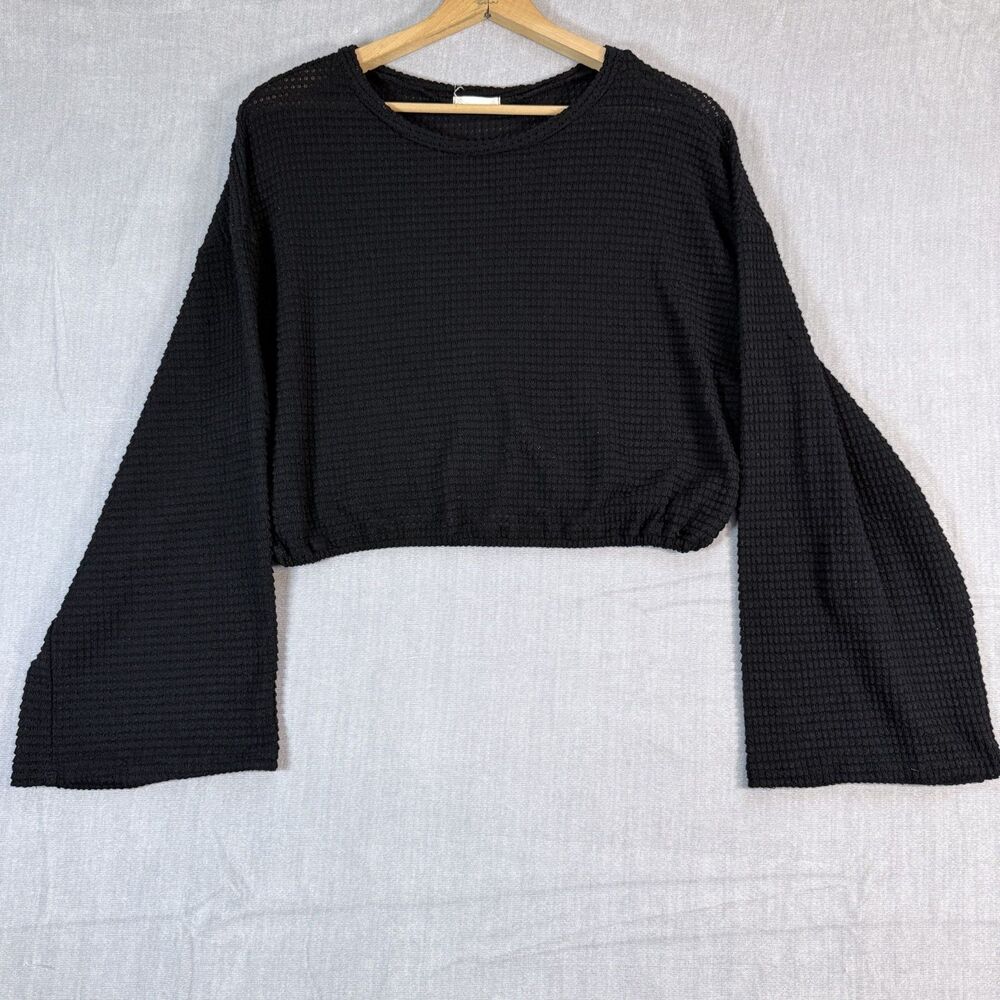 Altar'd State Women's L Black Textured Knit Bell Sleeve Cropped Top Whimsigoth